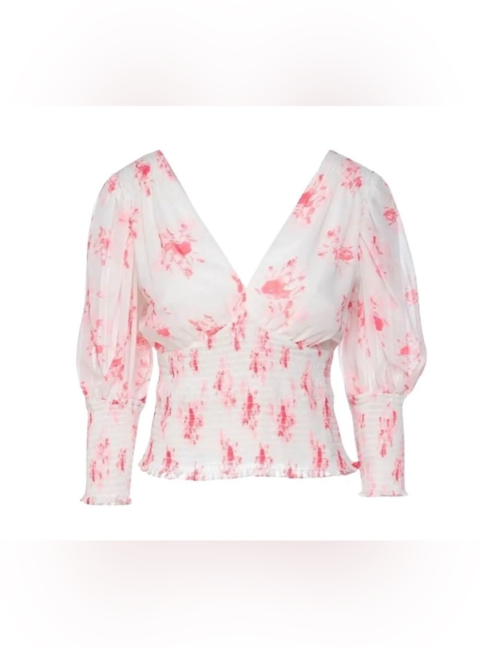 Self-Portrait Pink Floral Smocked V-Neck Blouse - Size 4